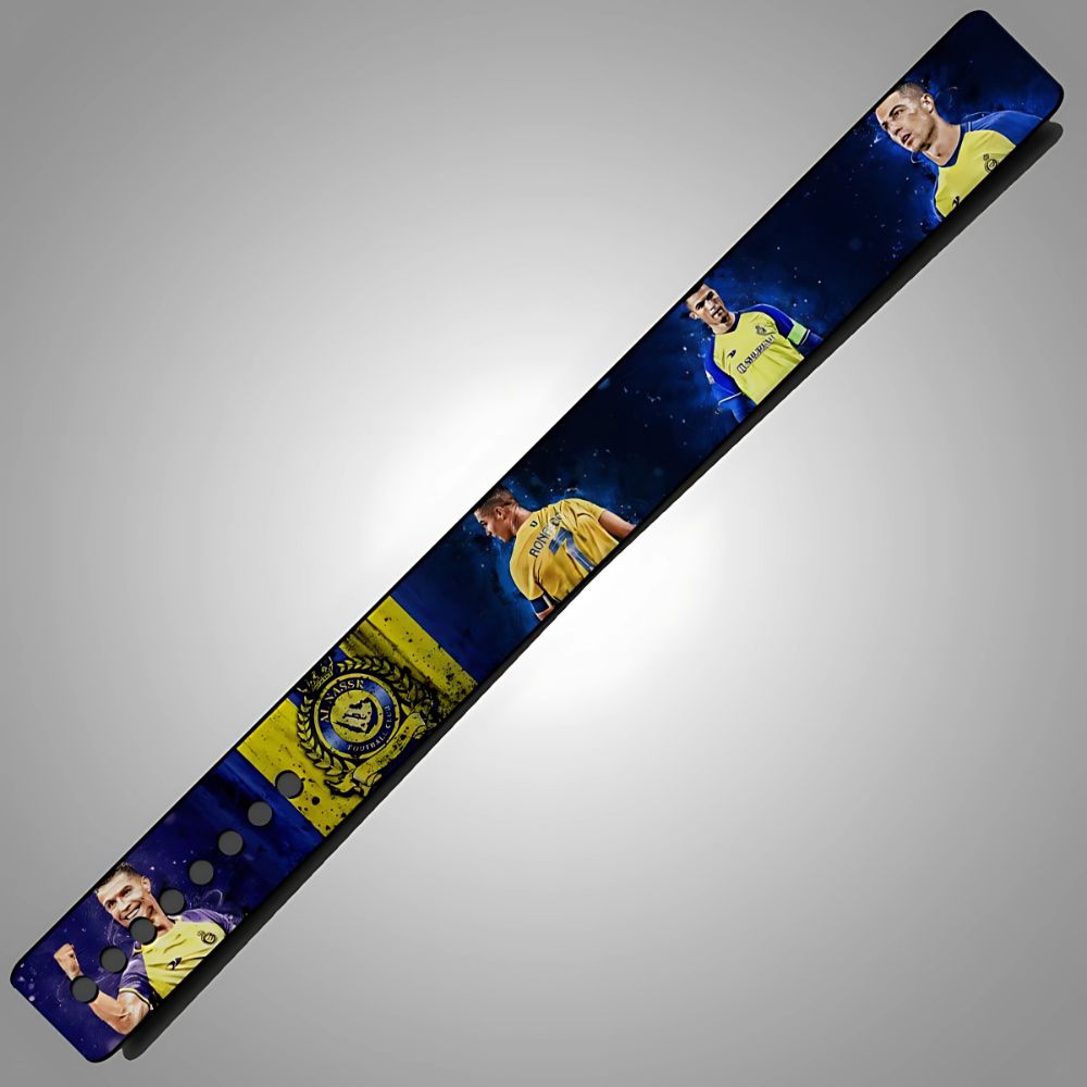 Al-Nassr-themed lifting belt with CR7 in yellow and blue kit

