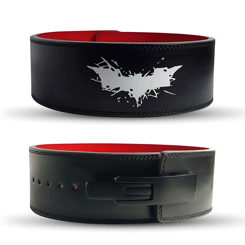 Black and red Batman-themed weightlifting belt with white bat logo