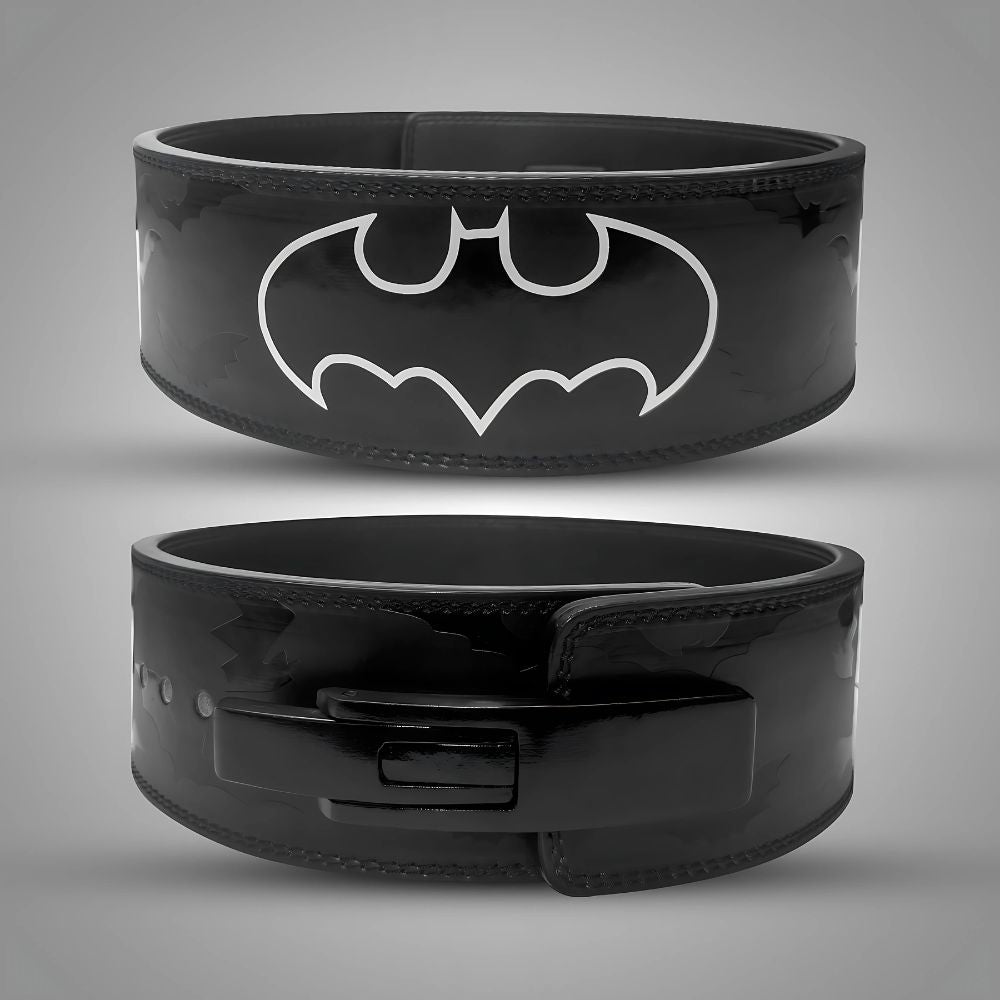 Black leather gym belt with white Batman symbol and matte finish

