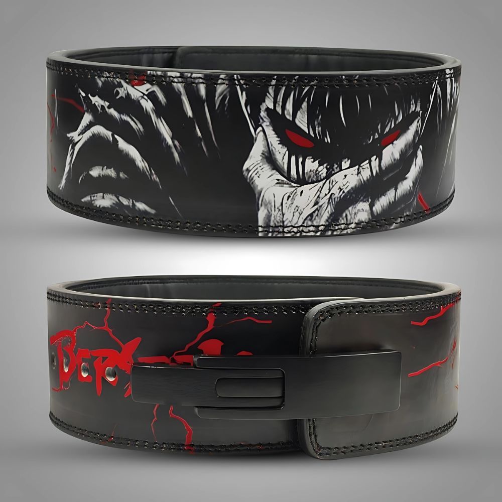 Fierce anime-style weightlifting belt with red-eyed warrior artwork