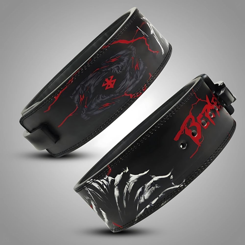 Adjustable black lifting belt with red lightning and intense design

