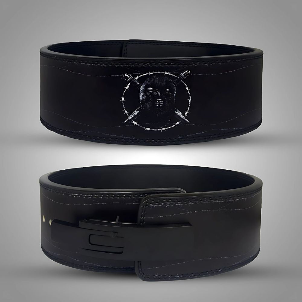 Minimalist gym belt in full blackout design with powerful logo


