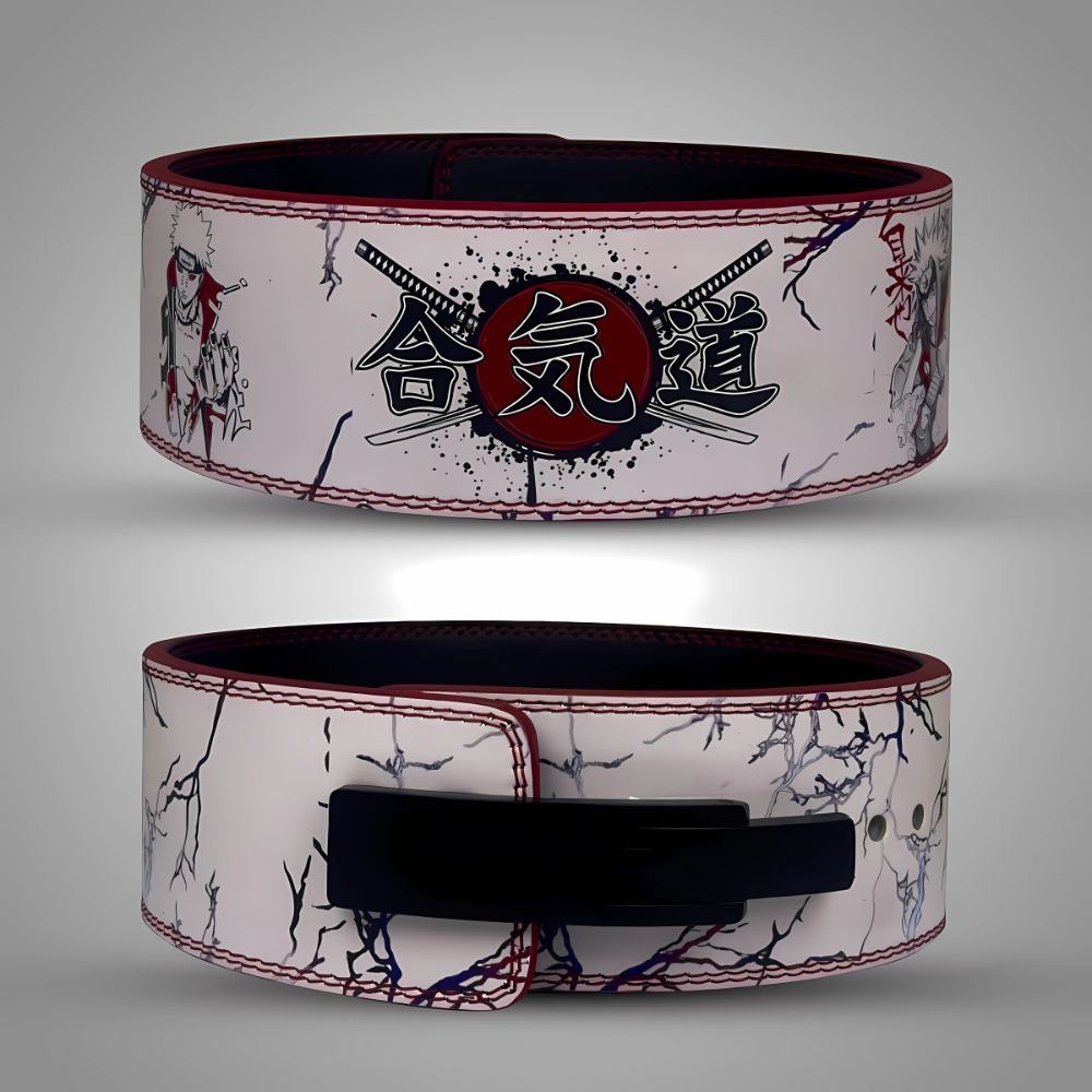 White weightlifting belt featuring Aikido calligraphy and martial figures

