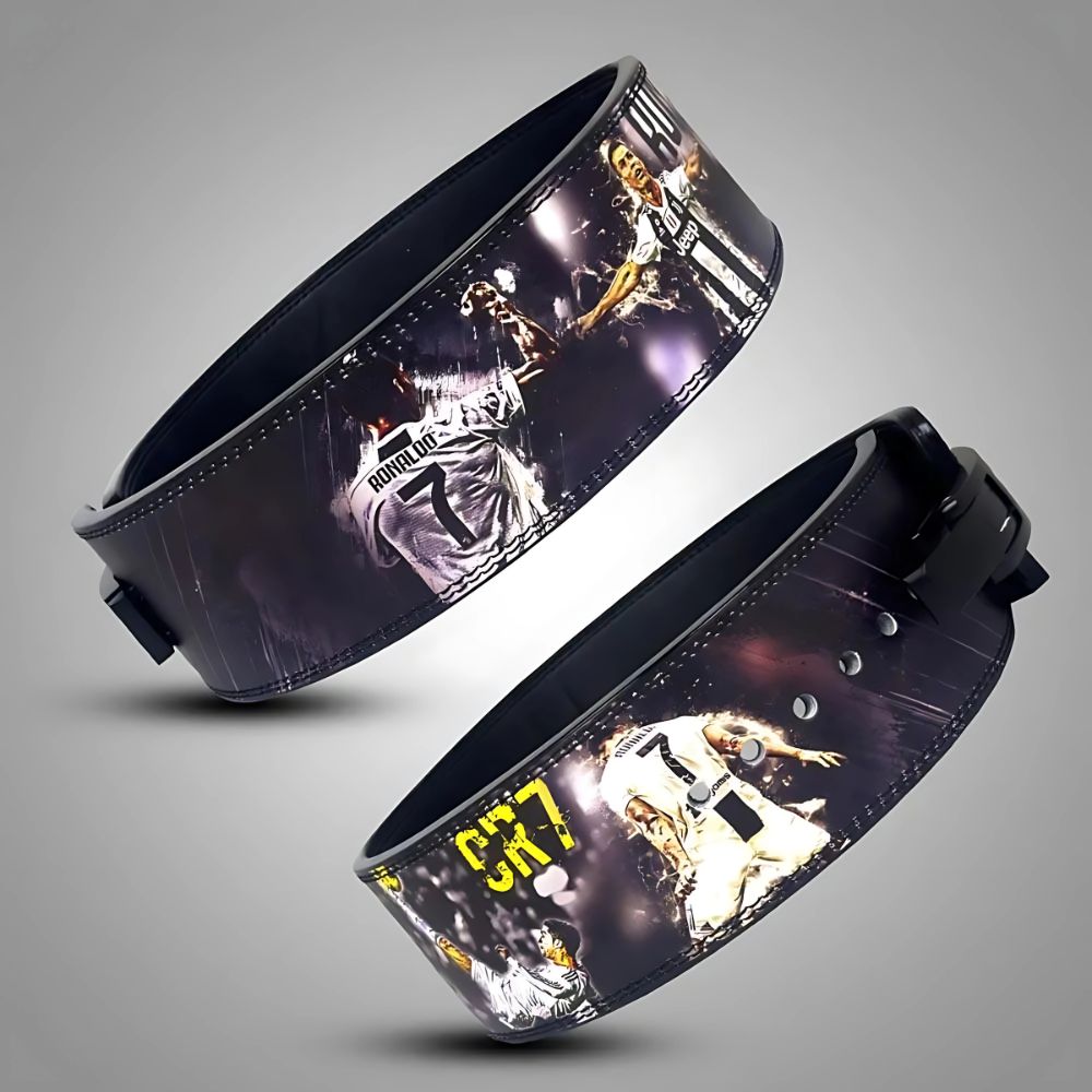 CR7-themed black leather lifting belt for gym workouts

