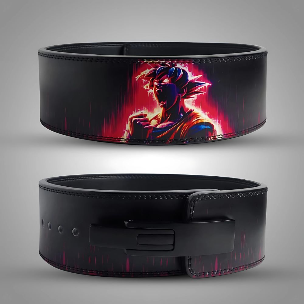 Goku-themed black weightlifting belt with anime glow artwork

