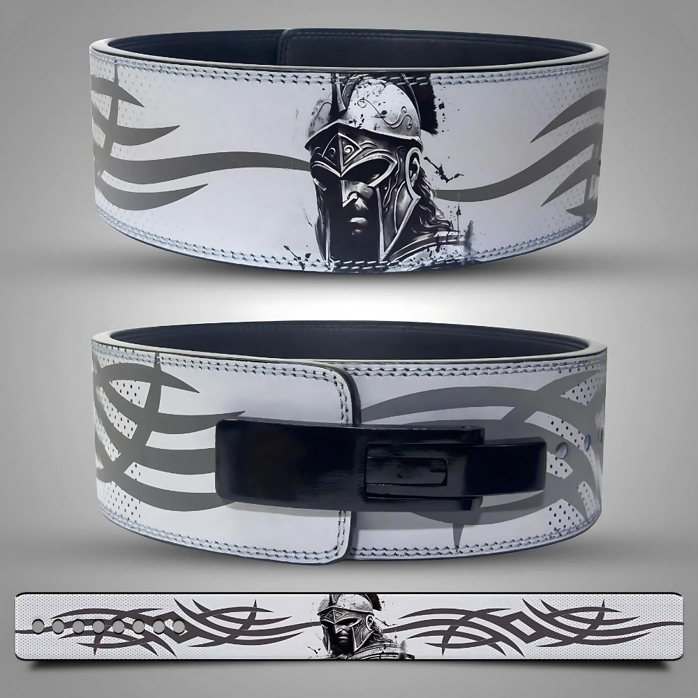 Spartan warrior gym belt with tribal pattern and helmet art