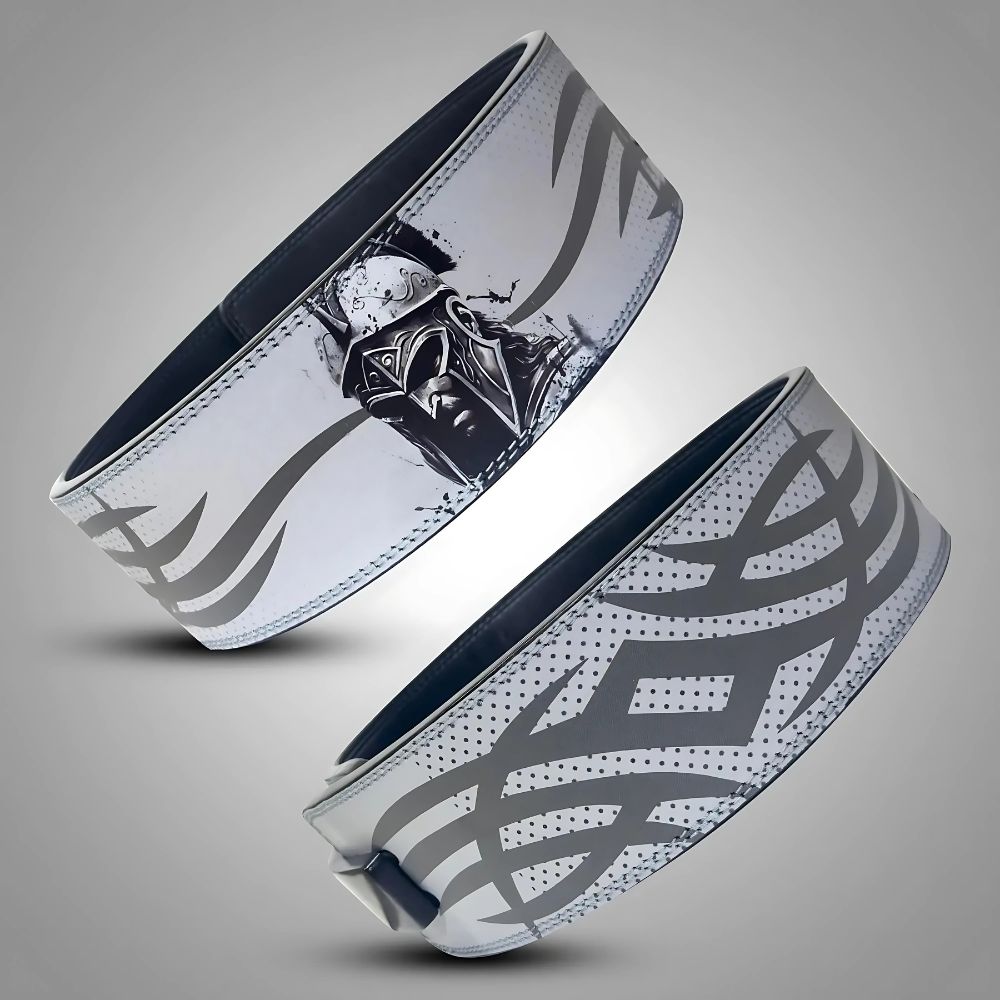 White and gray lifting belt featuring gladiator-inspired design

