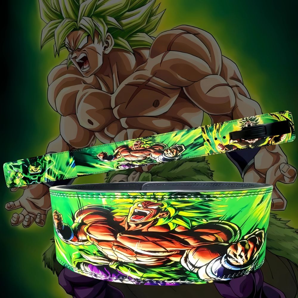 Bright green lifting belt with Super Saiyan Broly artwork

