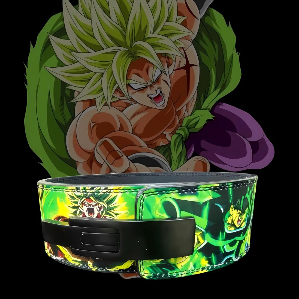Powerlifting belt with intense green glow and warrior design

