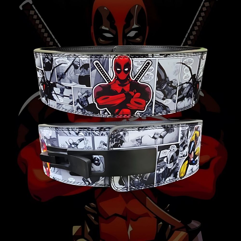 Comic-style lifting belt with bold Deadpool illustration


