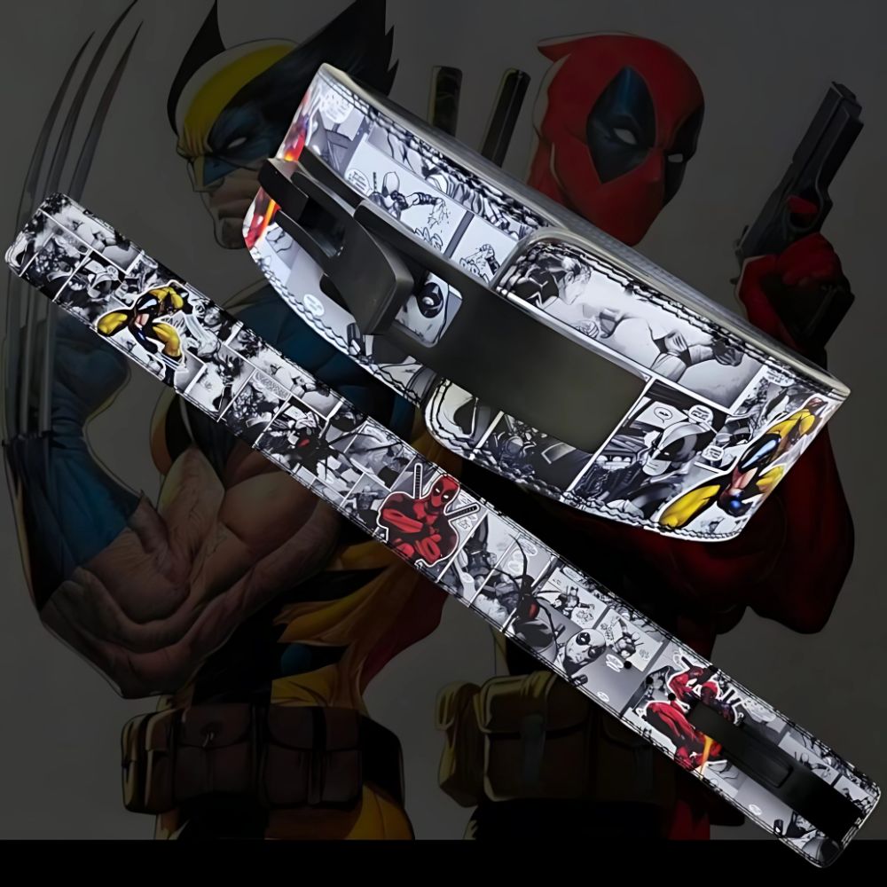 Gym belt featuring black-and-white comic panels and red superhero

