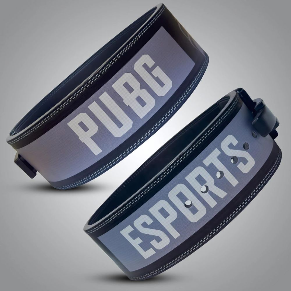 PUBG-themed weightlifting belt with grayscale helmet logo

