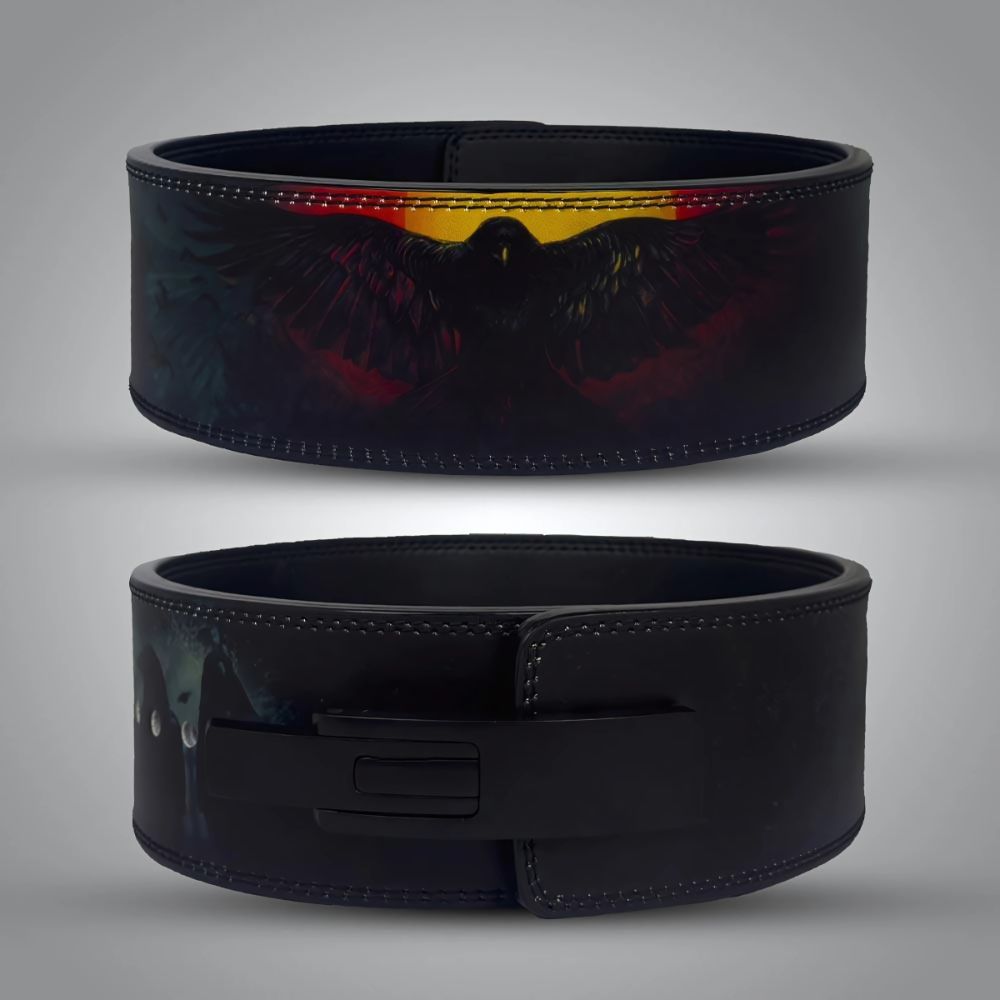 Weightlifting belt featuring dark raven artwork and sunset tones

