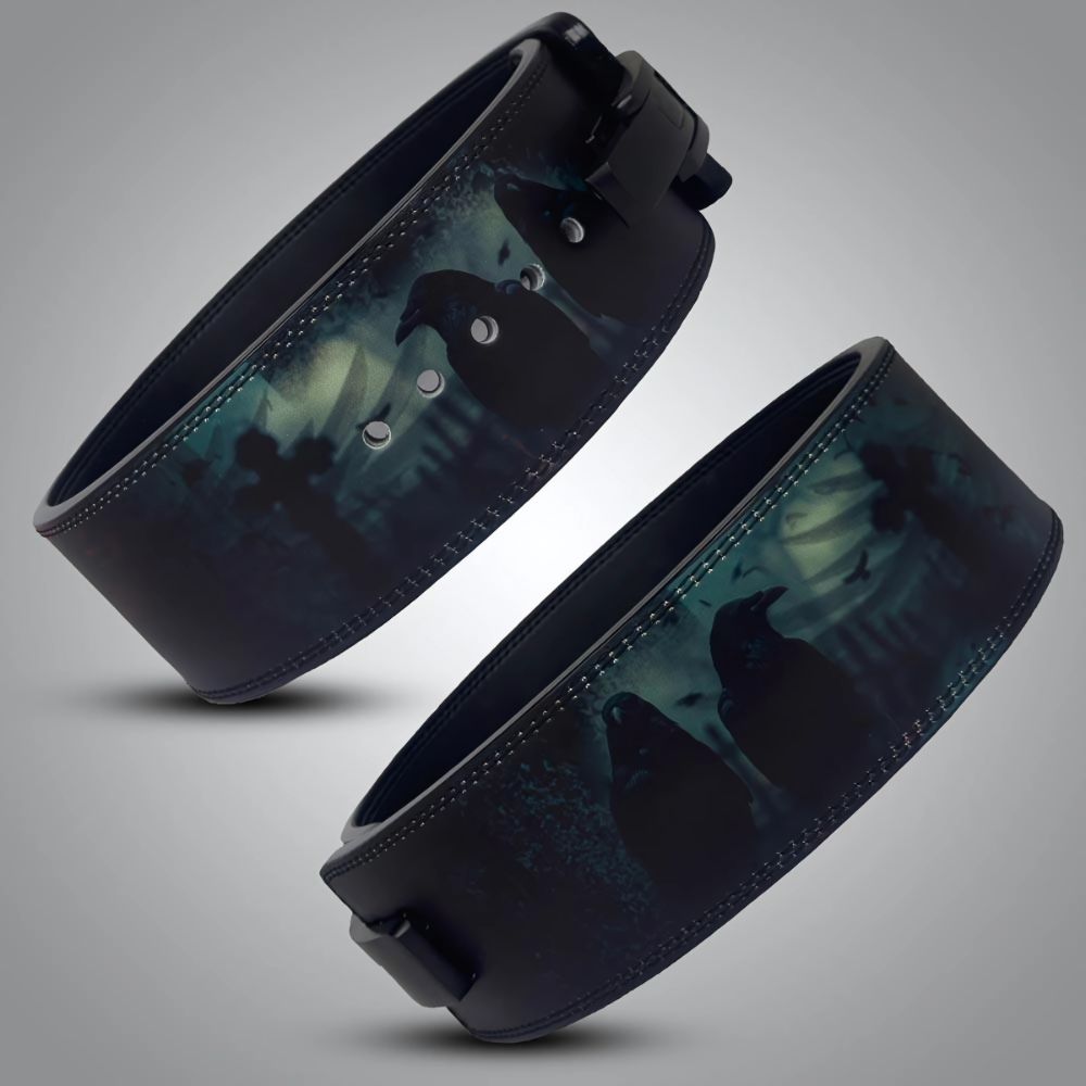 Powerlifting belt with mystical bird design and gothic elements

