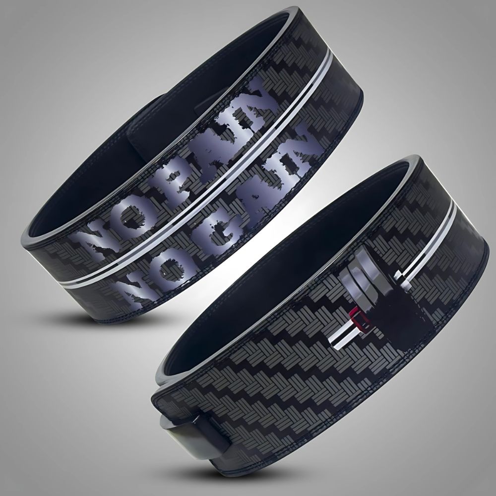 Gym belt with "No Pain No Gain" text and carbon-fiber design

