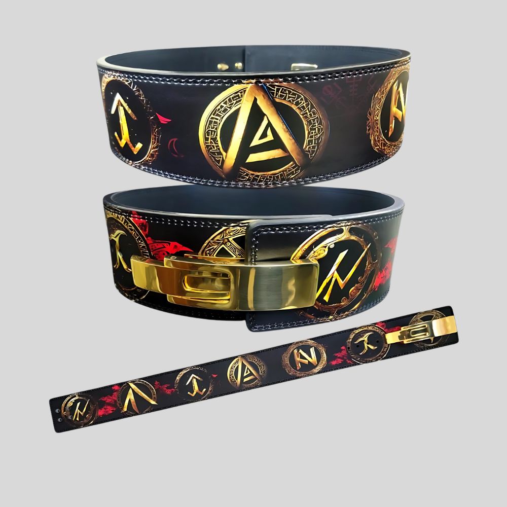 Powerlifting belt with gold buckle and ancient rune design

