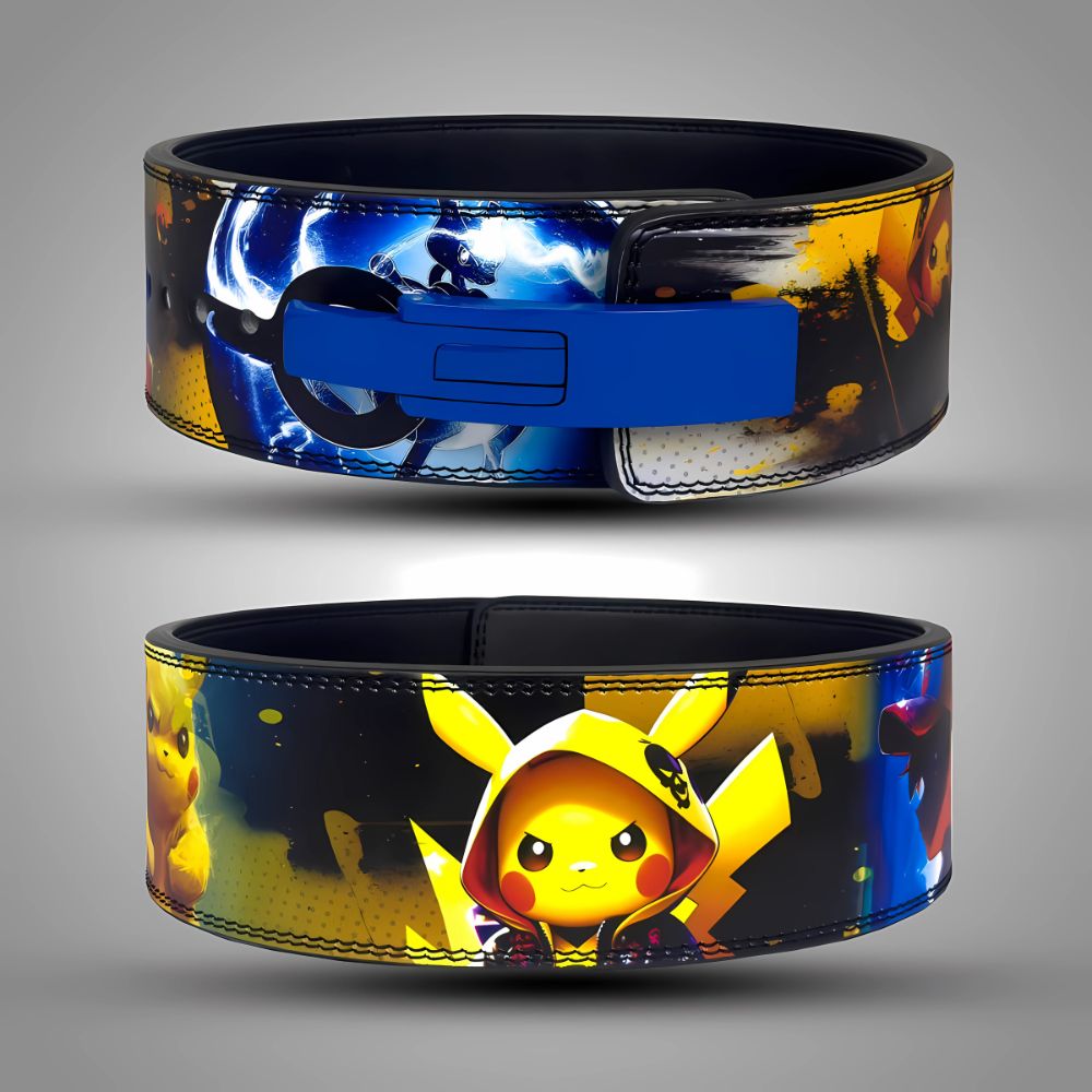 Cartoon-style lifting belt with blue lever and yellow character art

