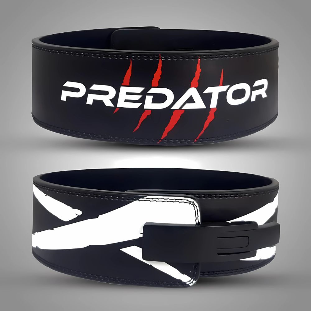 Predator-themed weightlifting belt with red claw marks and logo

