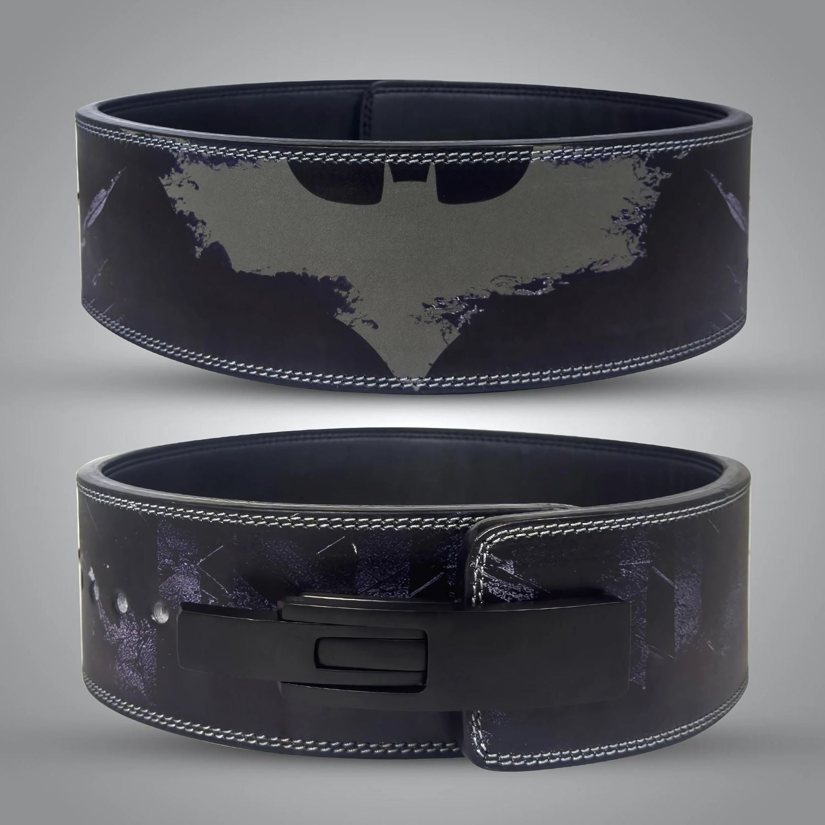 Black Batman-themed powerlifting belt with bat symbol design

