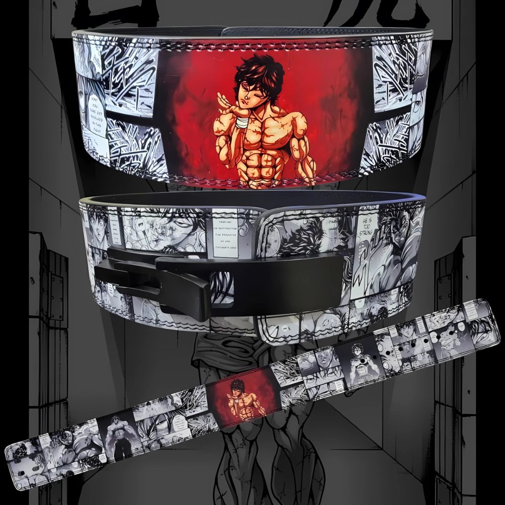 Weightlifting belt featuring manga panels and muscular anime character

