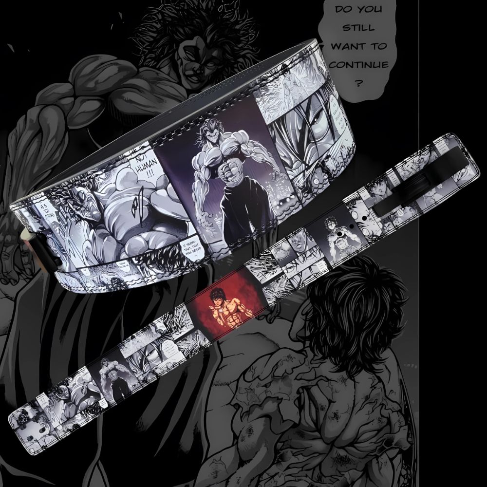 Powerlifting belt inspired by manga combat scenes and heroes

