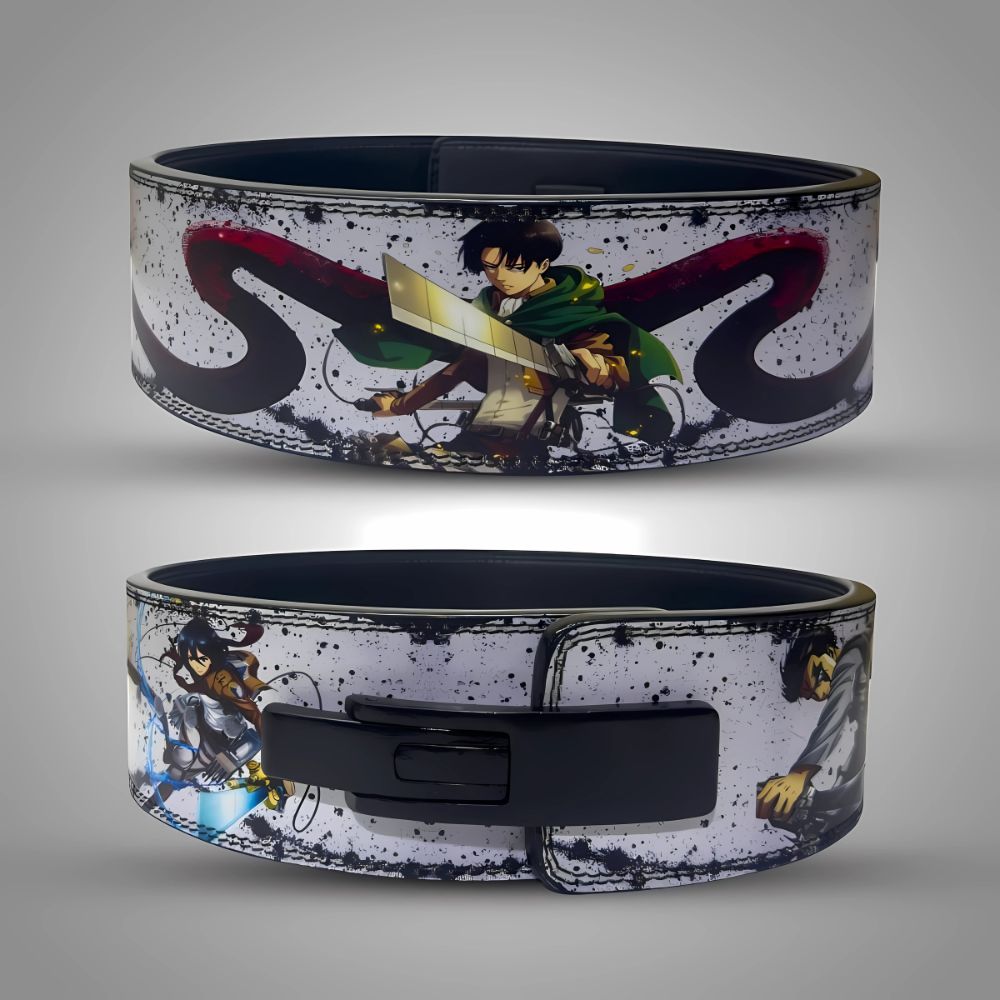 White lifting belt featuring anime characters in action scenes

