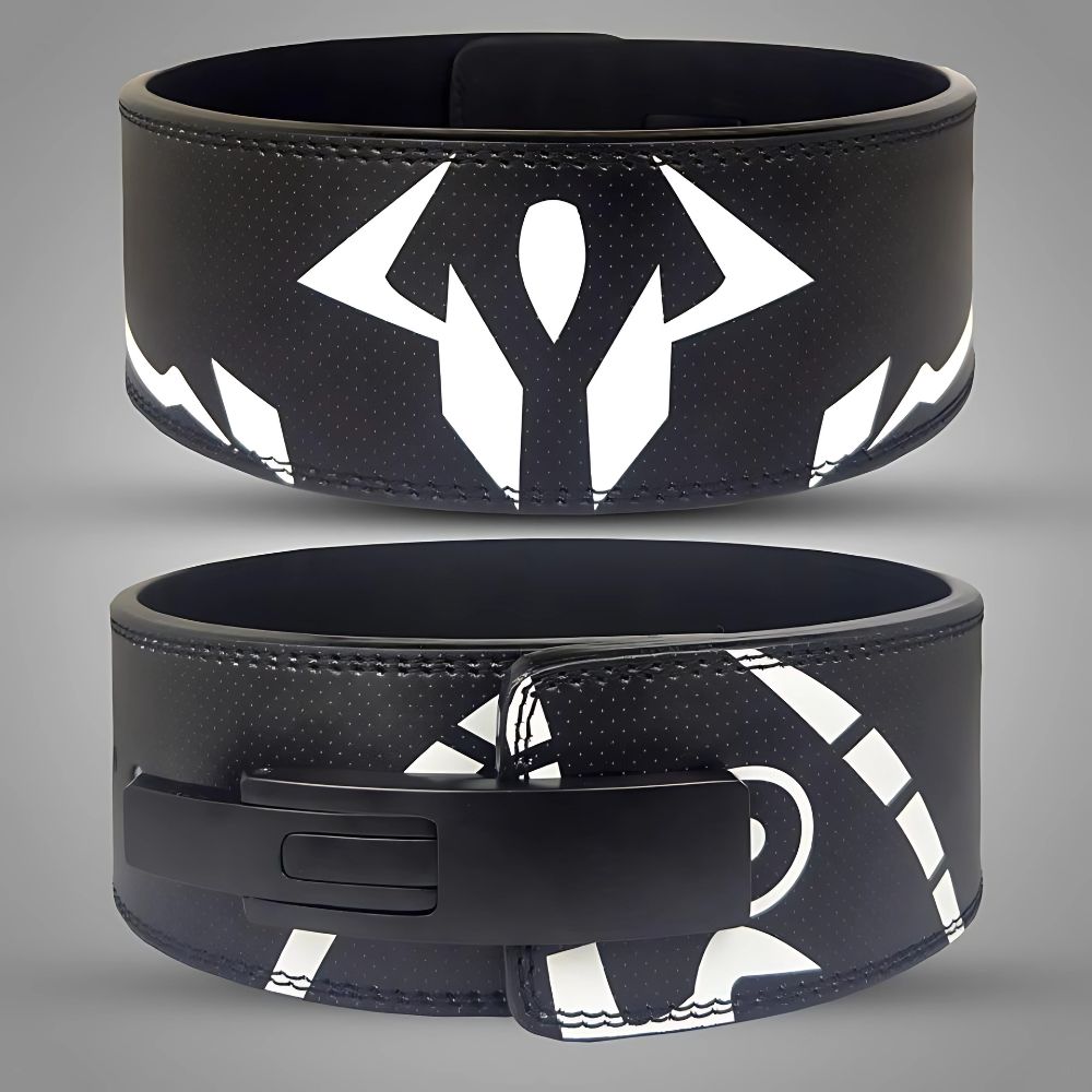 Black gym belt with white abstract muscle pose design

