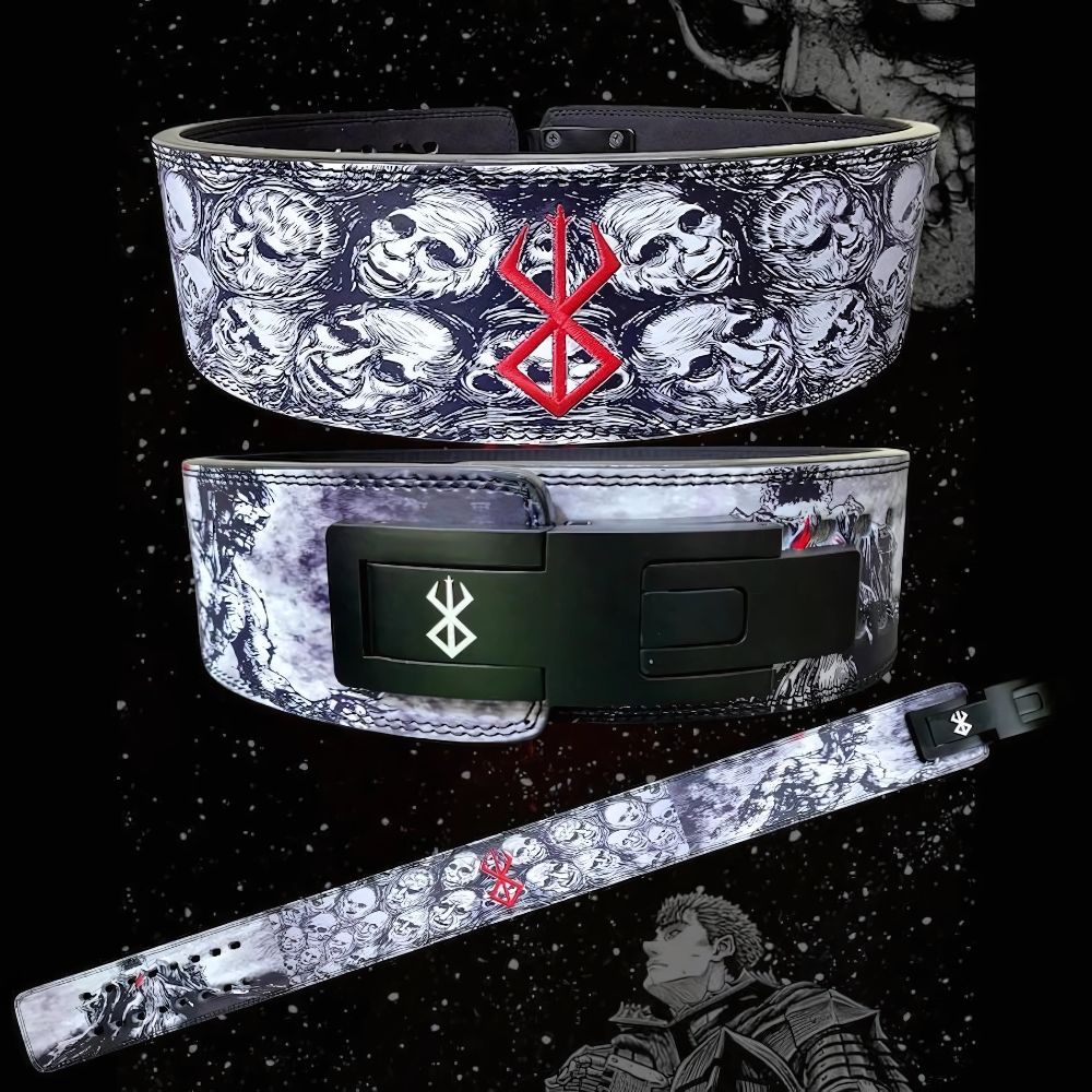 Powerlifting belt with skull artwork and red symbol centerpiece

