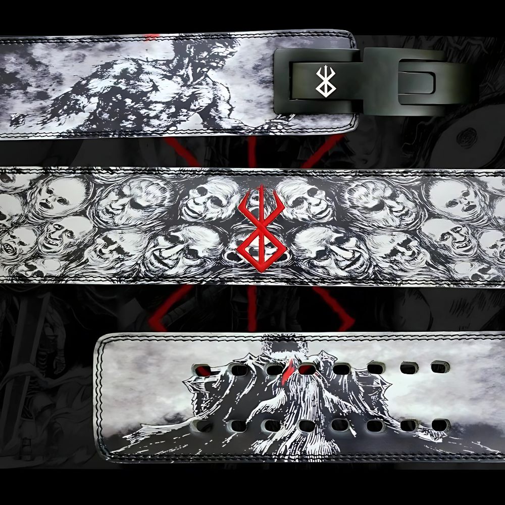 Berserker-style weight belt featuring haunting monochrome faces

