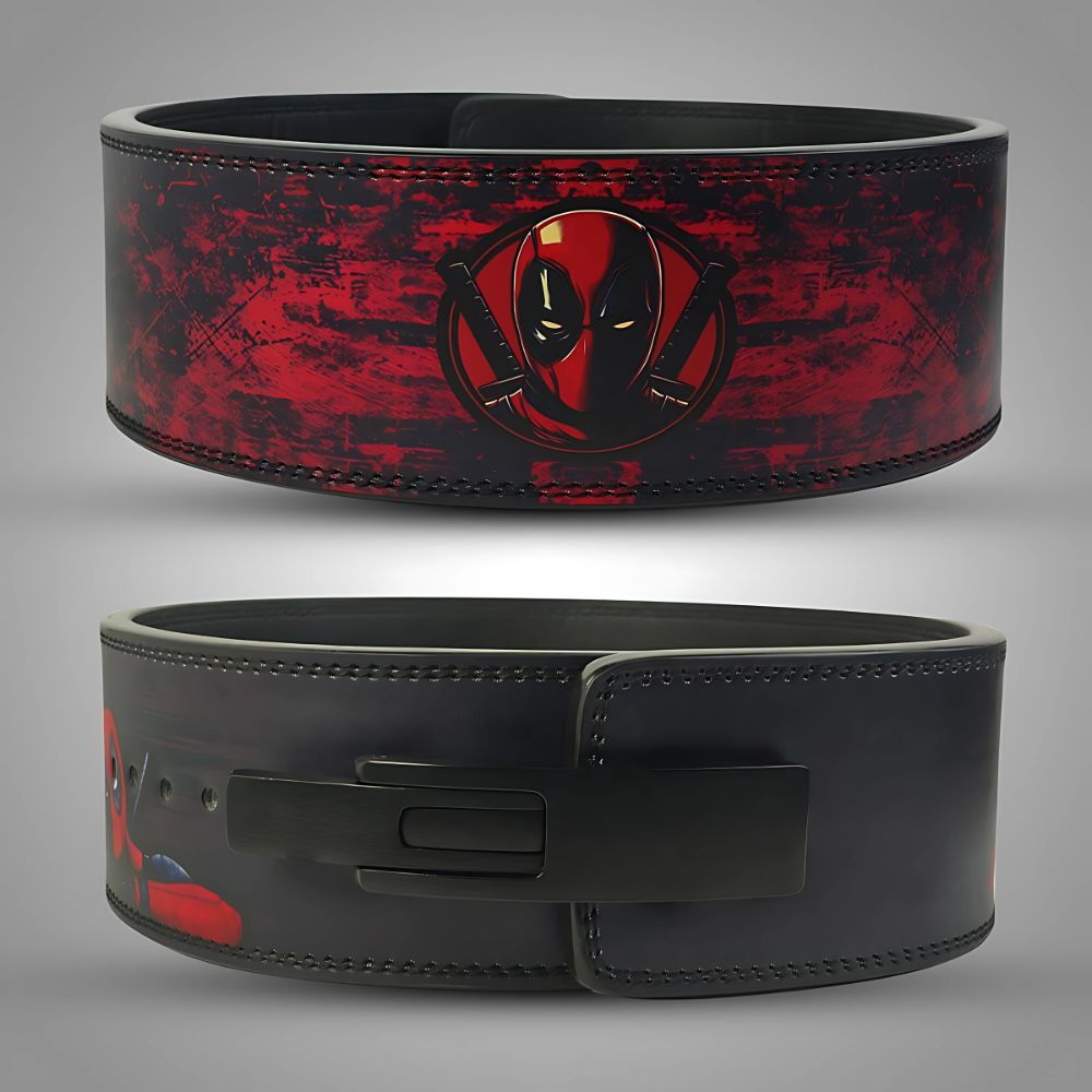 Weightlifting belt featuring Deadpool artwork and secure clasp

