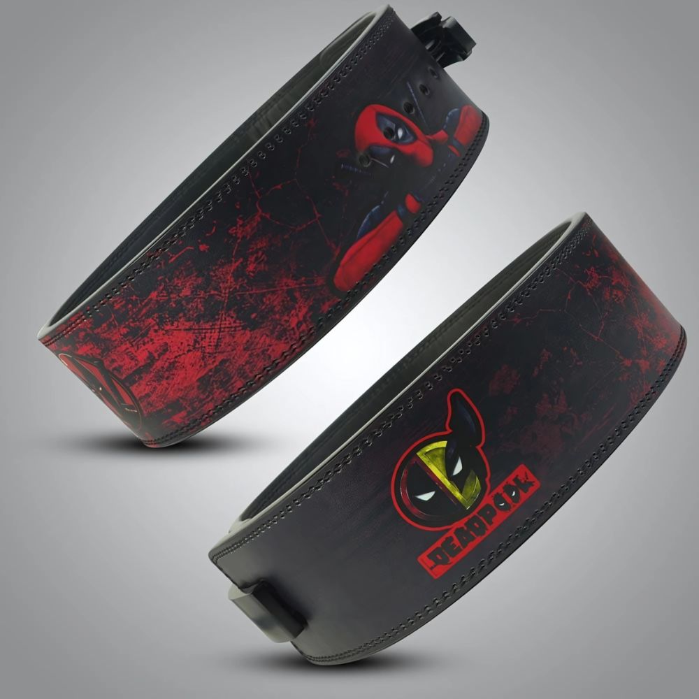 Deadpool-themed gym belt with red and black comic design

