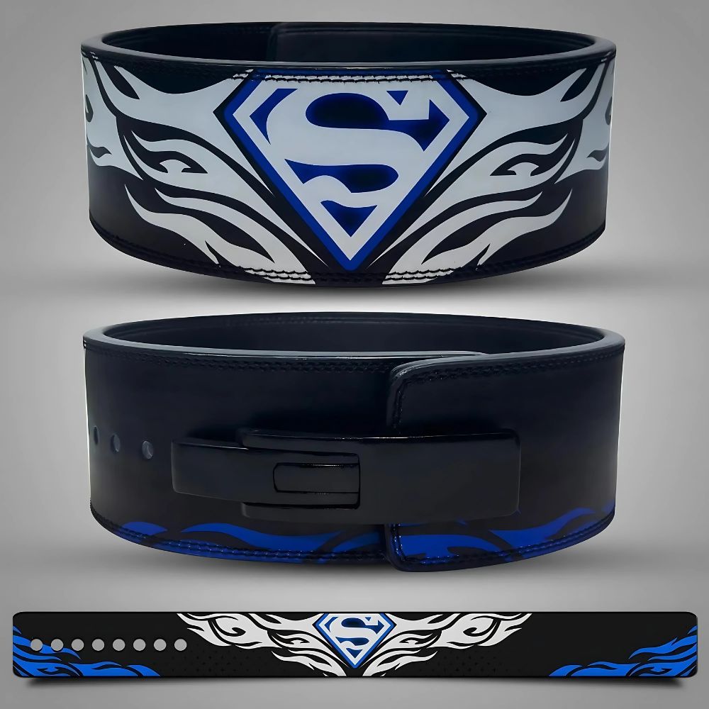Superman gym belt with blue emblem and tribal flame design