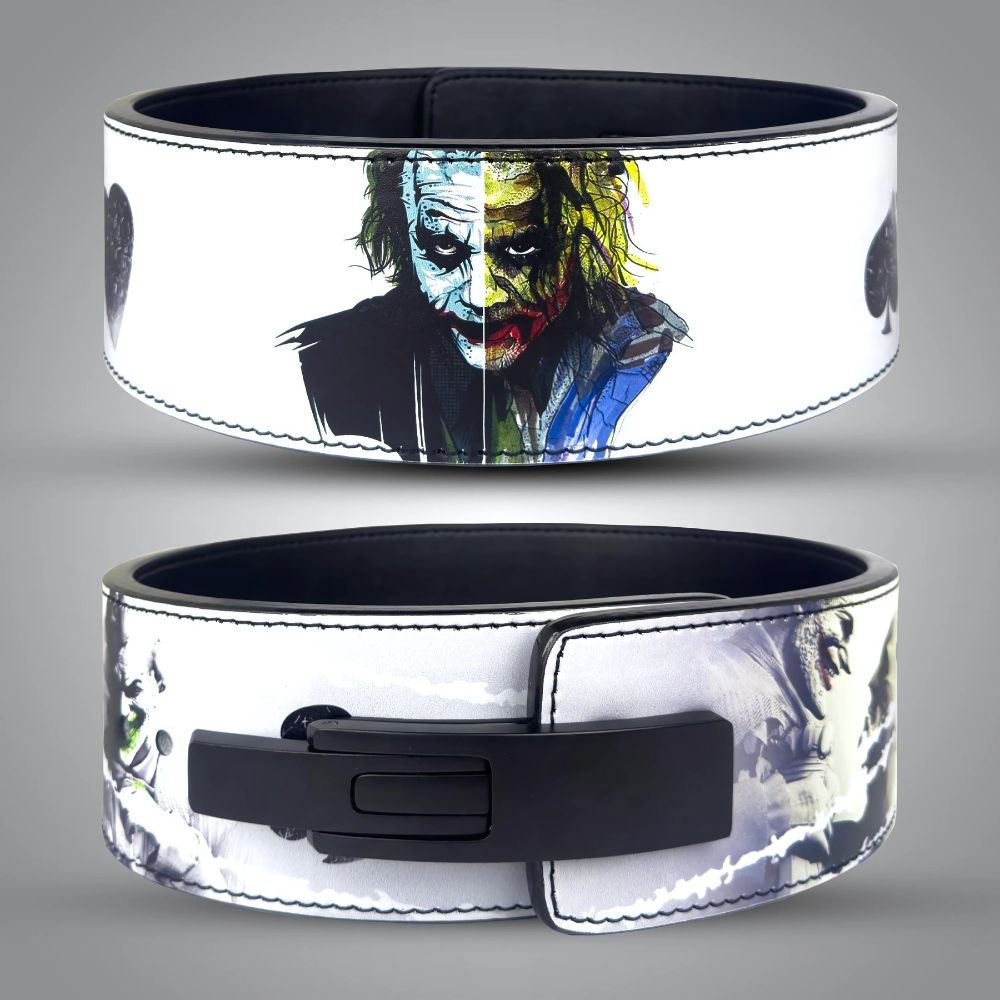 Joker gym belt with split-color portrait and card suit accents

