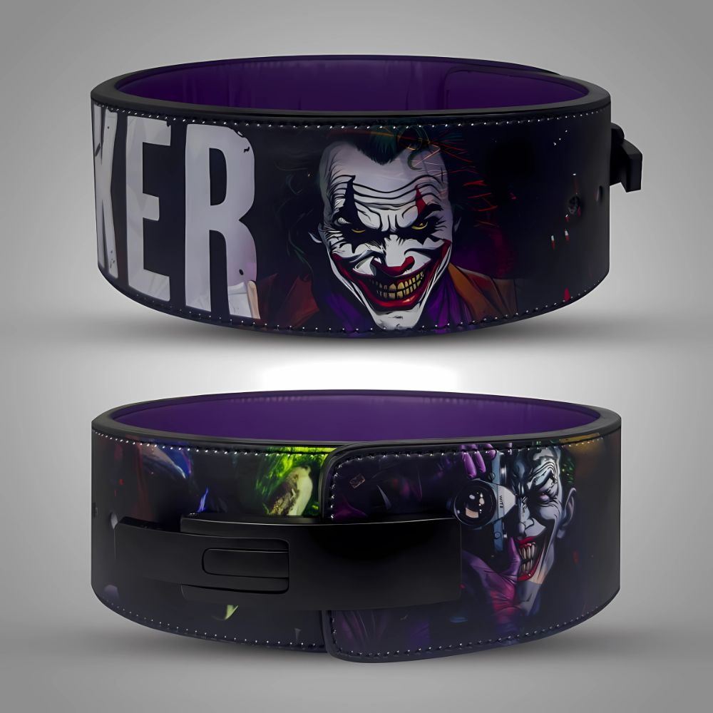 Joker-themed gym belt with sinister grin and purple interior

