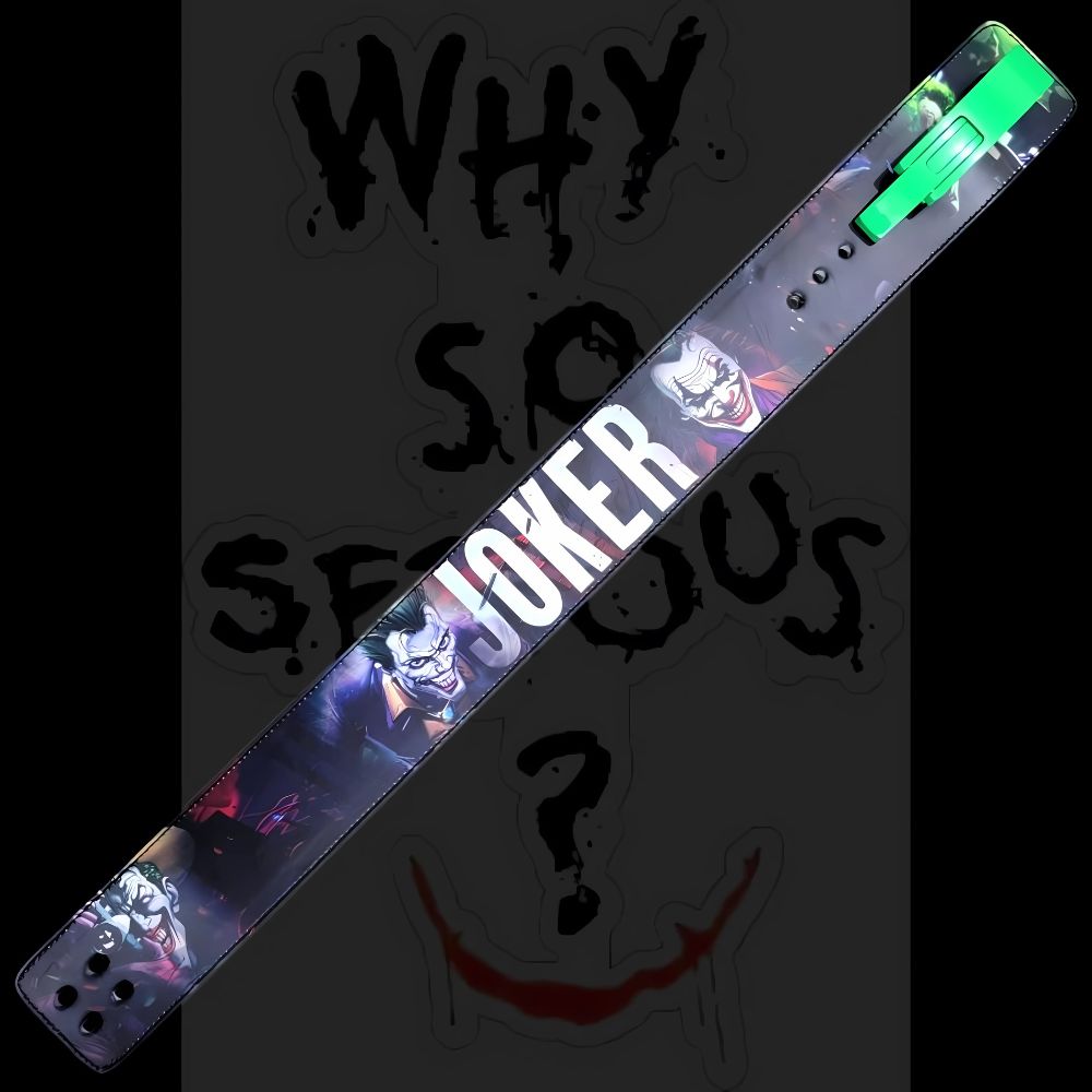 Weightlifting belt featuring comic-style Joker and dark humor

