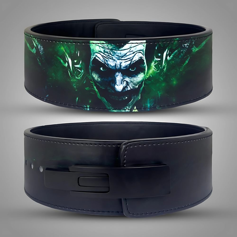 Joker-themed lifting belt with glowing green toxic artwork

