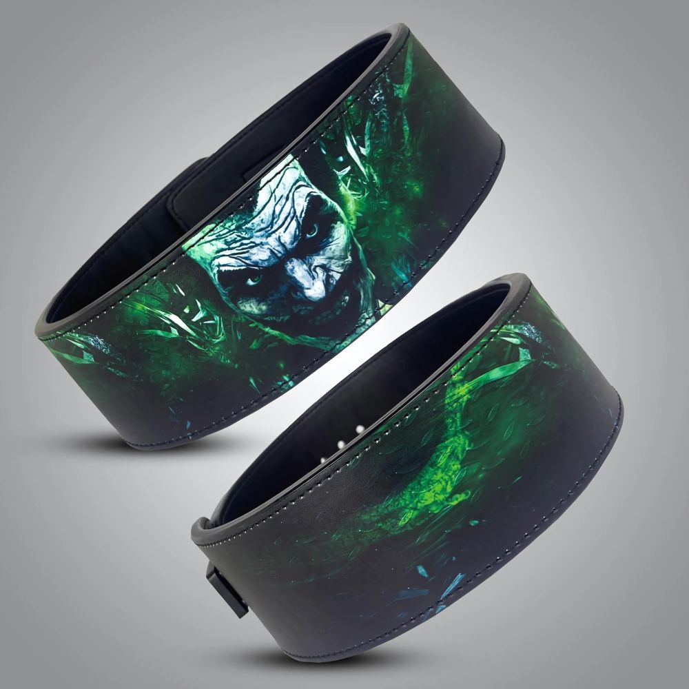 Leather gym belt featuring sinister Joker face in green mist

