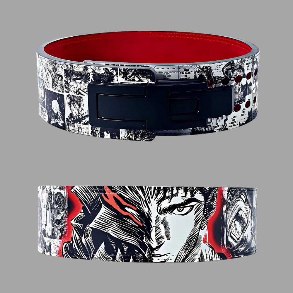 Anime-themed powerlifting belt with red interior and lever lock

