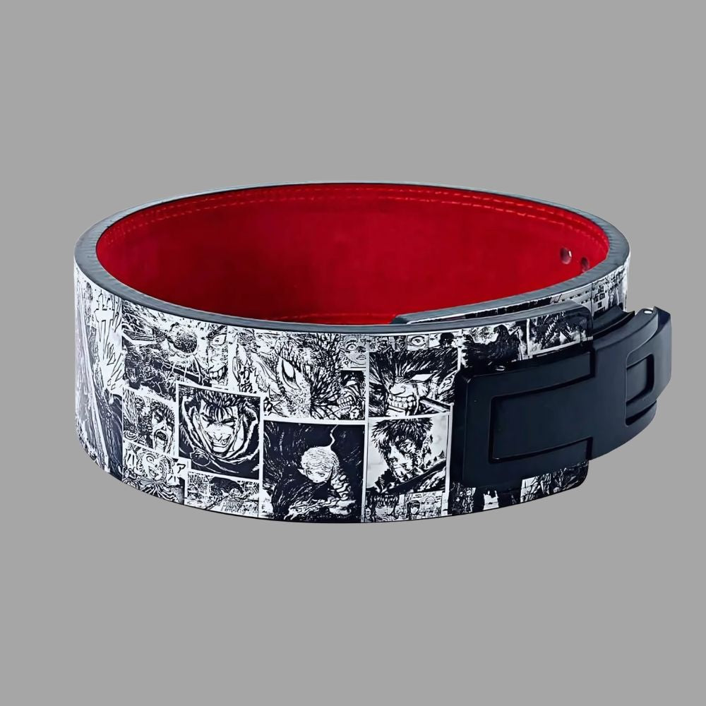 Manga-style Berserk lifting belt with black and white artwork


