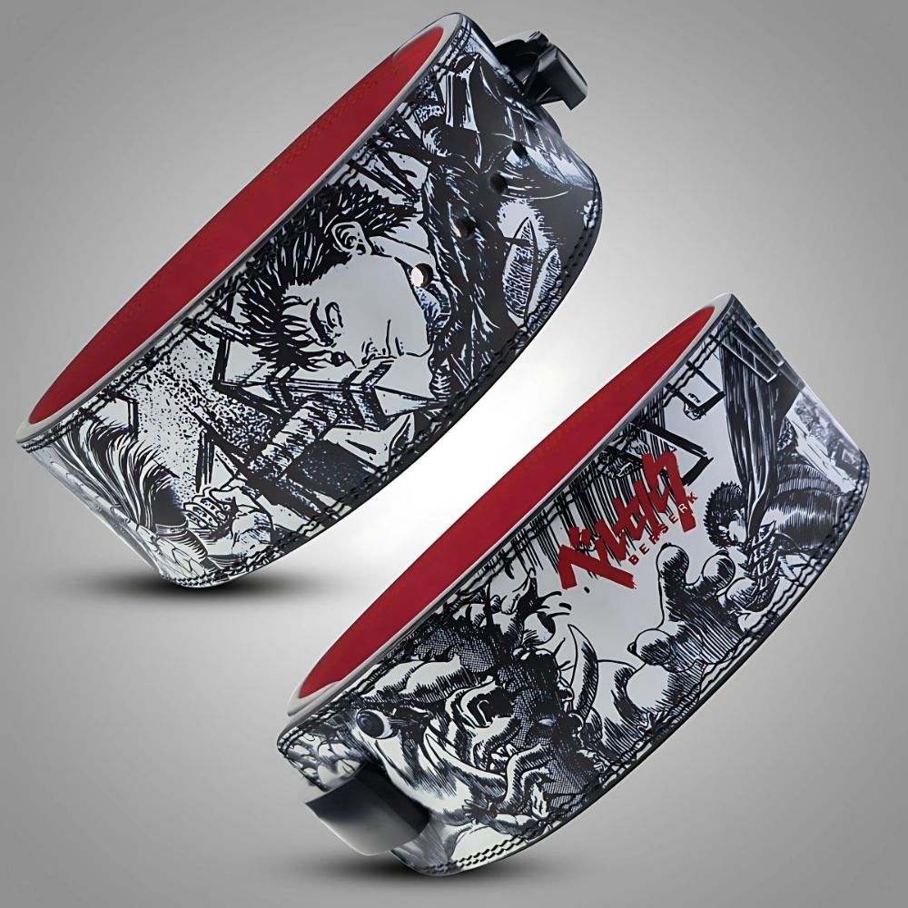 Black and white comic gym belt with red interior and fierce detail

