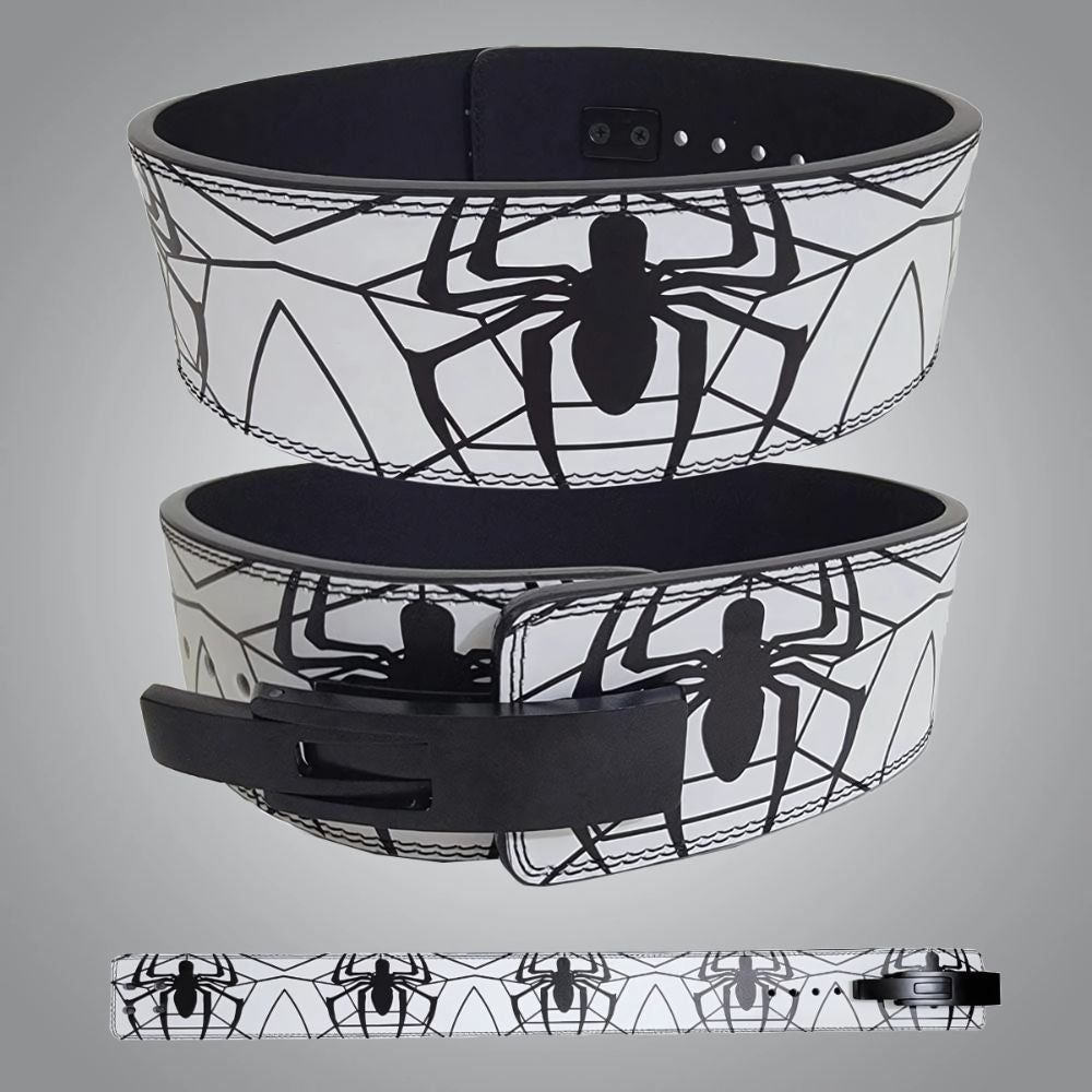 White weightlifting belt with black spider web design

